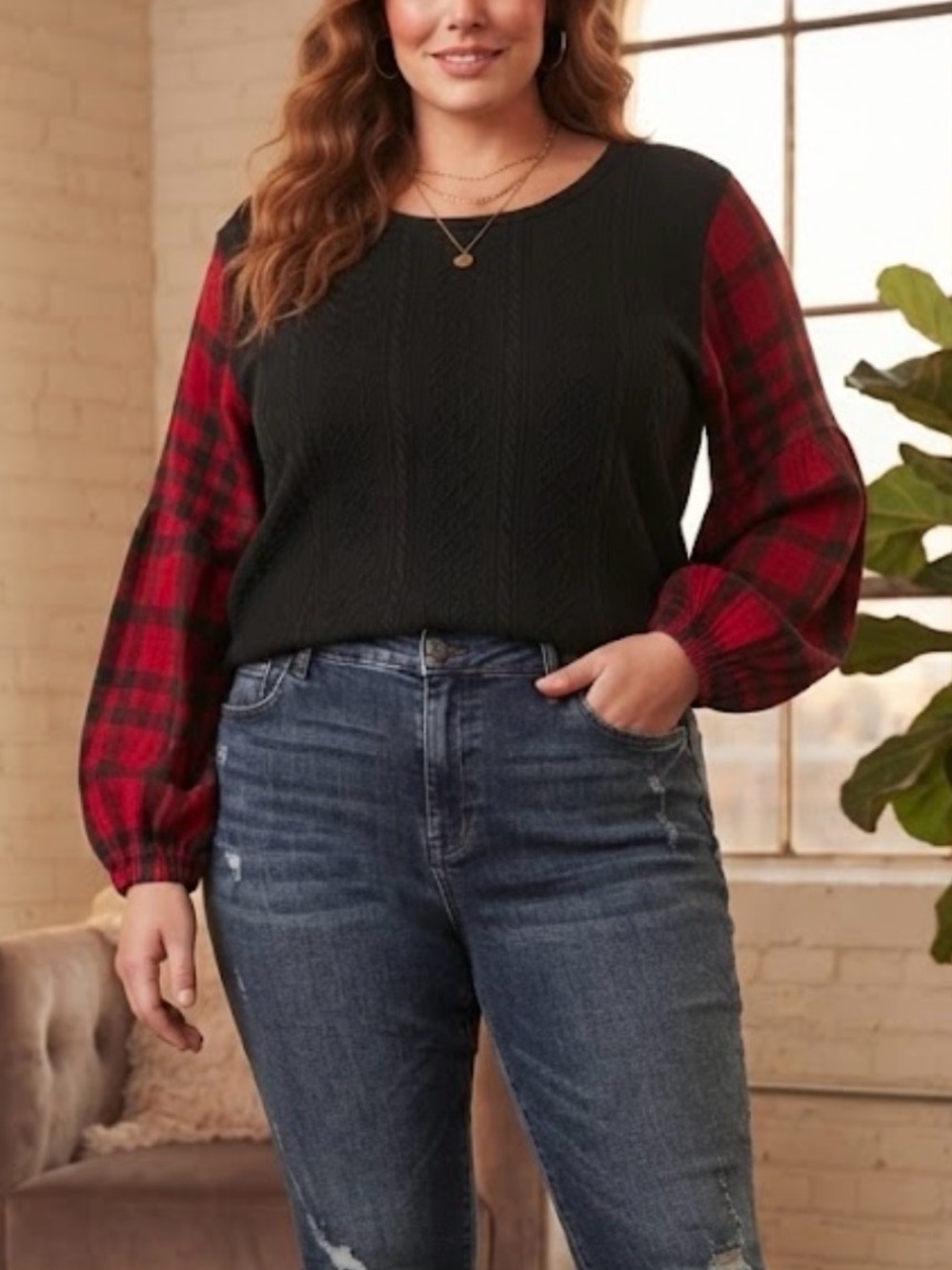 Maurices Black Cable Knit Red Buffalo Plaid Sleeve Top 3X Cozy Aesthetic